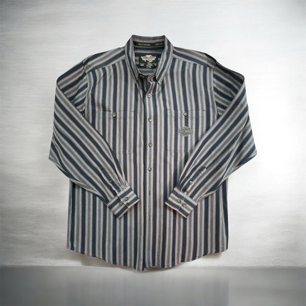 Vintage Harley-Davidson Navy Striped Men's Button Down Shirt